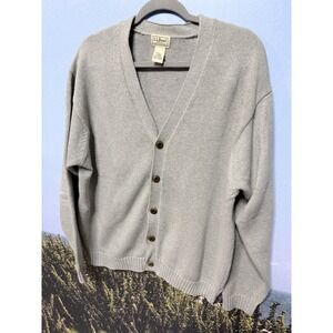 LL Bean Cotton Cardigan Mens M Classic Shawl Gray Collar Knit V Neck